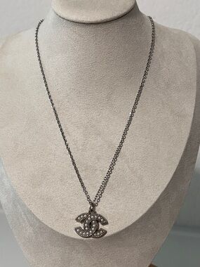 Repurposed Designer Crystal-Embellished Interlocking Logo Necklace - Silver